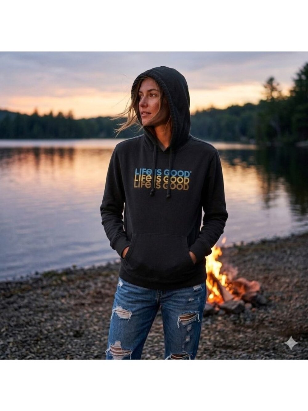 Life Is Good Hoodie Womens Small Black Graphic Print Cotton Blend Sweatshirt S